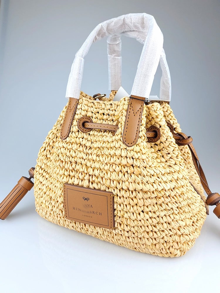 Anya Summer Beach Bag Bucket Bag Cowhide Woven Raffia Crossbody Handbag Shoulder Bag With Label - Image 2