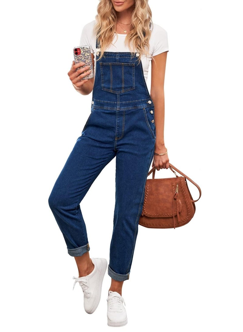 Vetinee Women's Nightfall Blue Classic Adjustable Straps Pockets Boyfriend Denim Bib Overalls Jeans Pants Medium - Image 4