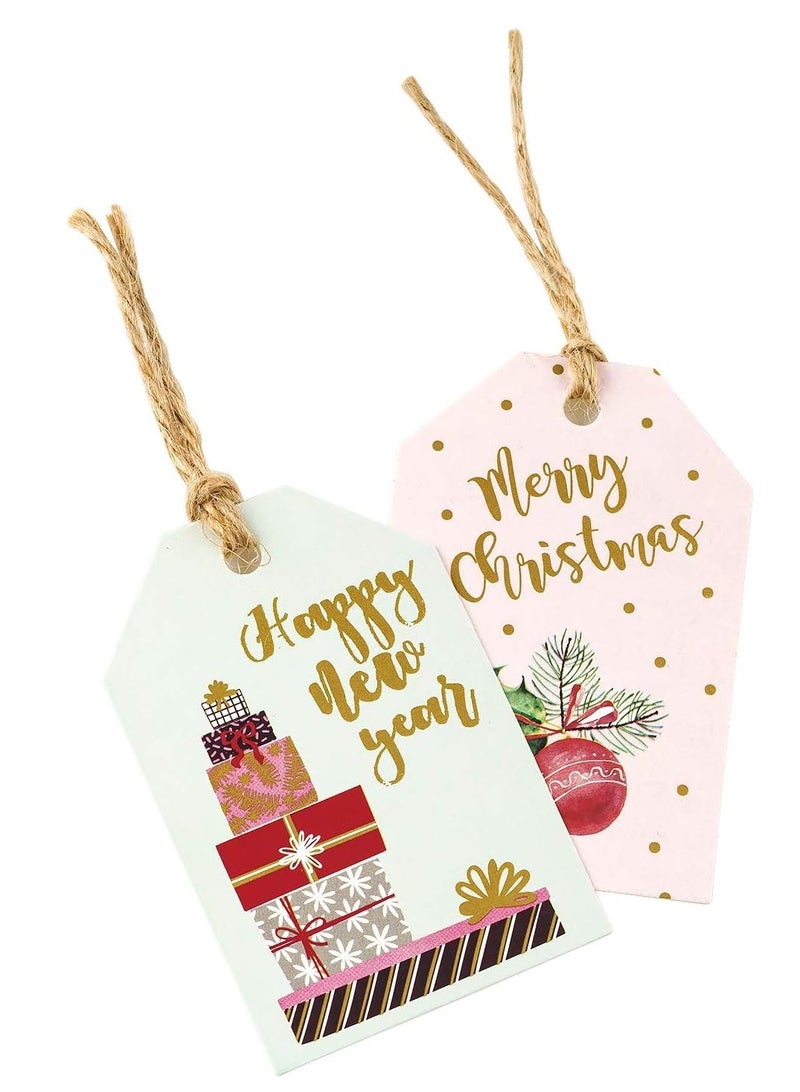 ٩٦ قطعة من كروت علامات ورقية كريسماس  مع خيوط دوبار -  للهدايا بعد تغليفها  لعطلة   عيد الميلاد مع خيوط الجوت الطبيعية ، ٦ اشكال مختلفة ملونة - Image 2