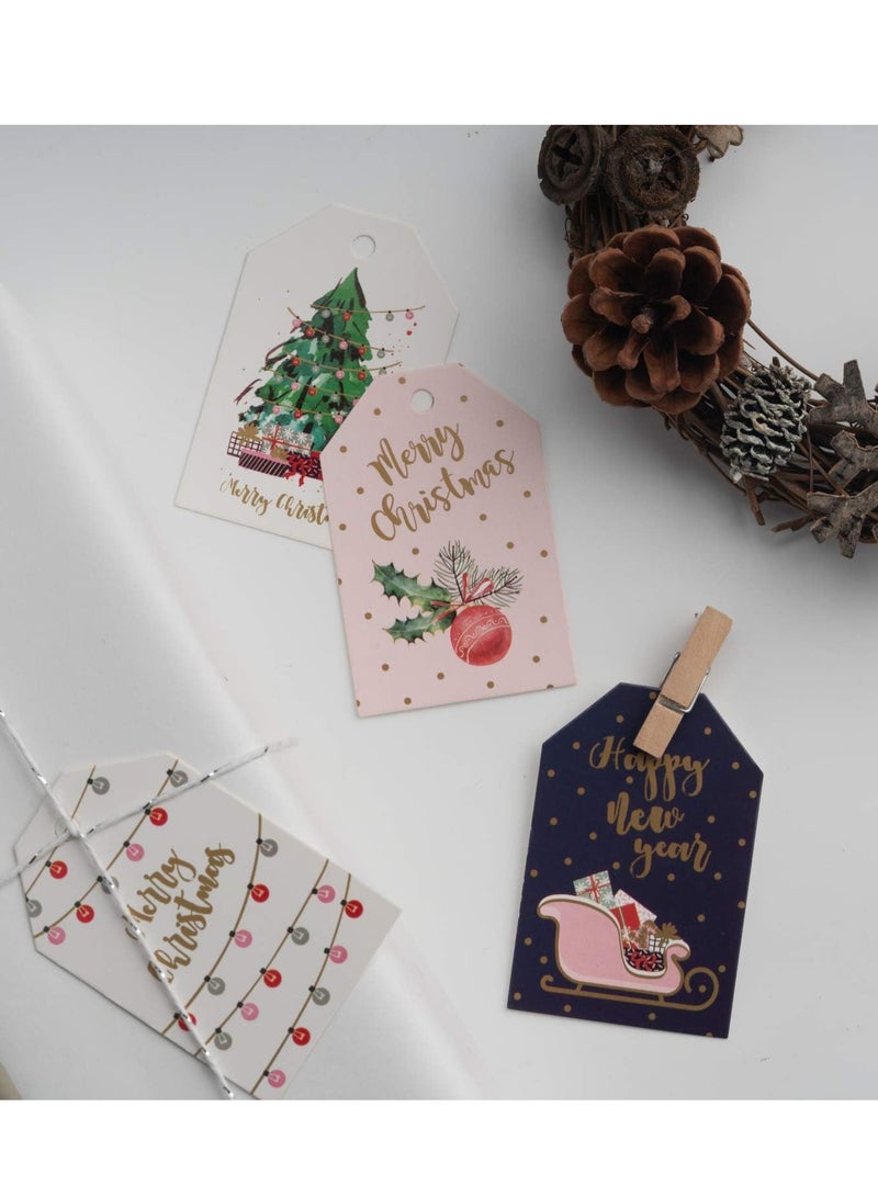٩٦ قطعة من كروت علامات ورقية كريسماس  مع خيوط دوبار -  للهدايا بعد تغليفها  لعطلة   عيد الميلاد مع خيوط الجوت الطبيعية ، ٦ اشكال مختلفة ملونة - Image 4