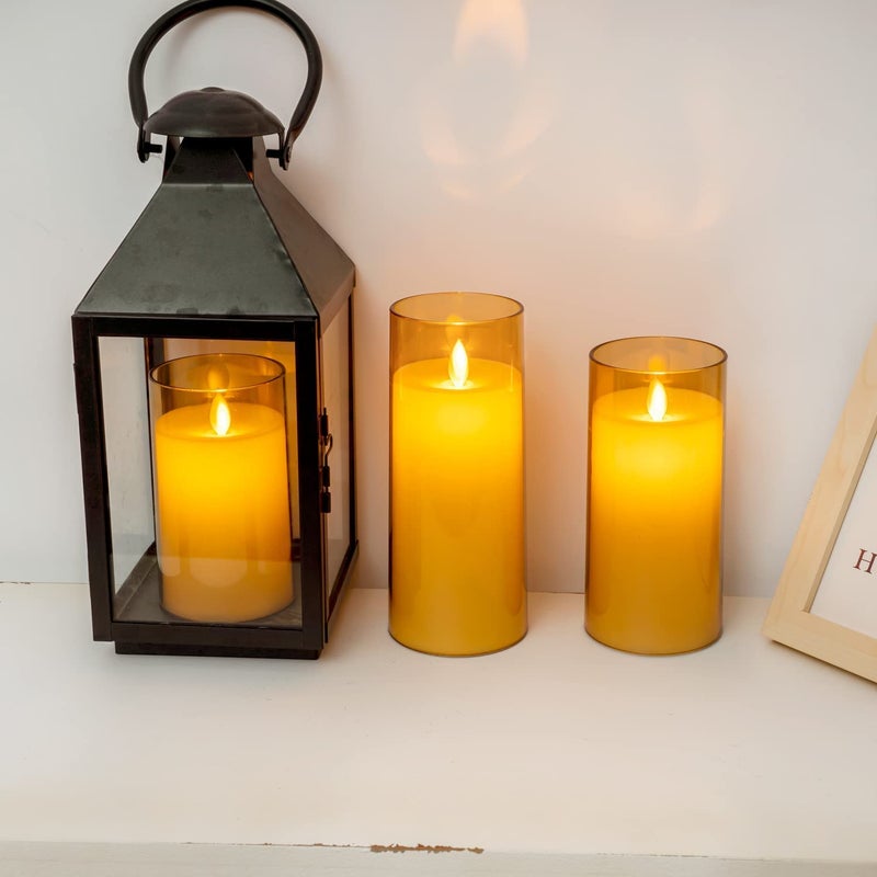 LTETTES | Set of 2 Flameless LED Candles with Gold Acrylic Fiberglass | AA Battery Powered with Remote & Timer | 3" D x 6" H for Home, Festival, Wedding Decor - Image 3