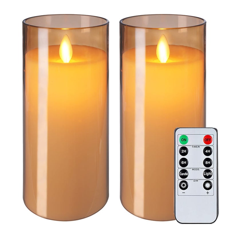 LTETTES | Set of 2 Flameless LED Candles with Gold Acrylic Fiberglass | AA Battery Powered with Remote & Timer | 3" D x 6" H for Home, Festival, Wedding Decor - Image 1