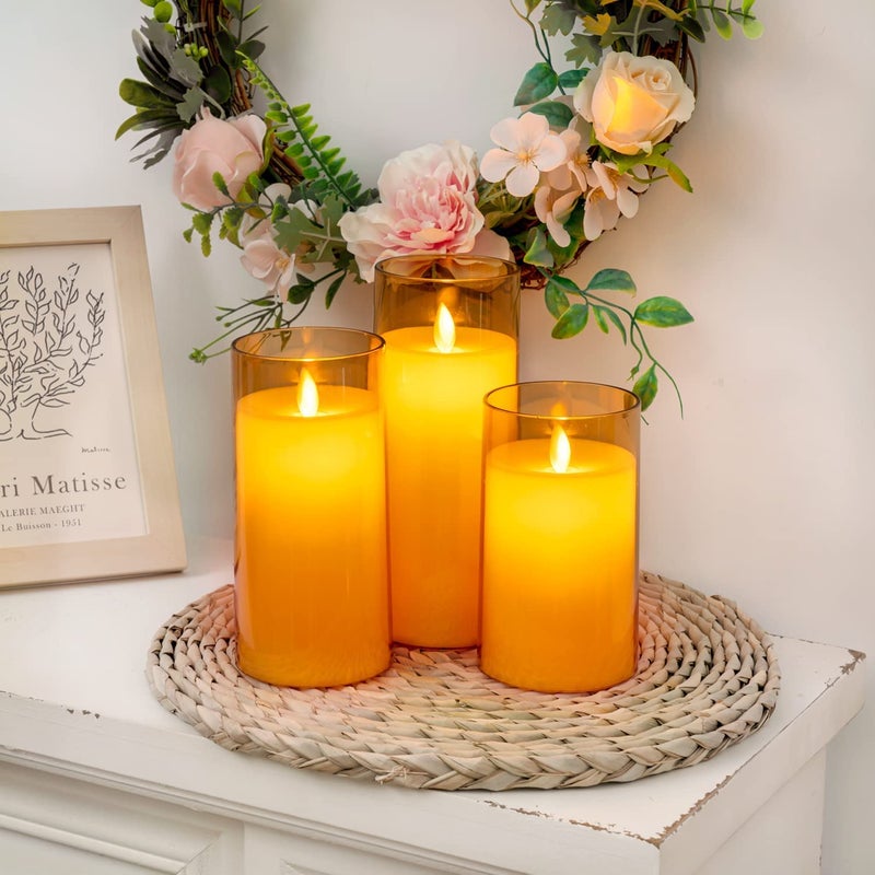 LTETTES | Set of 2 Flameless LED Candles with Gold Acrylic Fiberglass | AA Battery Powered with Remote & Timer | 3" D x 6" H for Home, Festival, Wedding Decor - Image 2