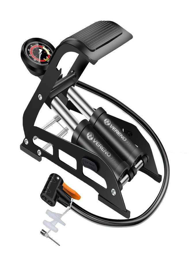 VERENO Double Barrel Bike Floor Foot Pump,Portable Air Pump Inflator Pump with 160PSI Precision Pressure Gauge Fits Presta Schrader and Deutschland Valve for Bicycle,Ball,Scooter,Car,Toys Inflatable - Image 1