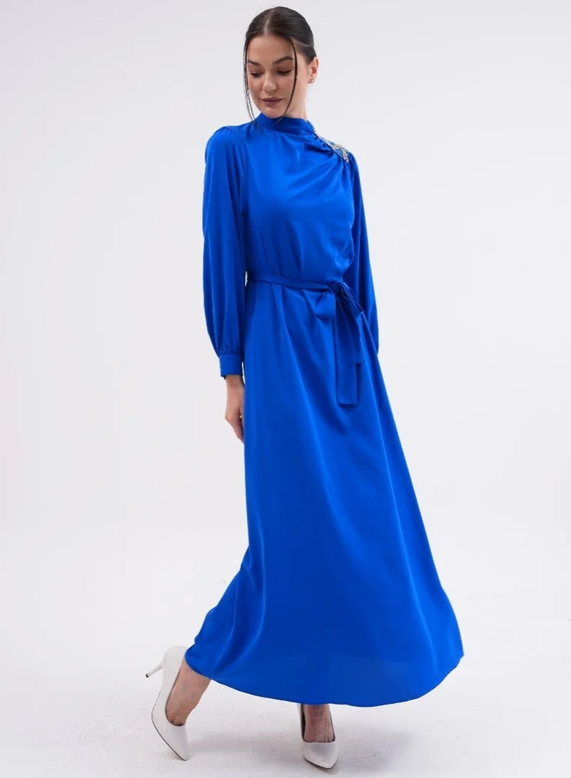 Elegant Belted Evening Dress with Shoulder Embellishment