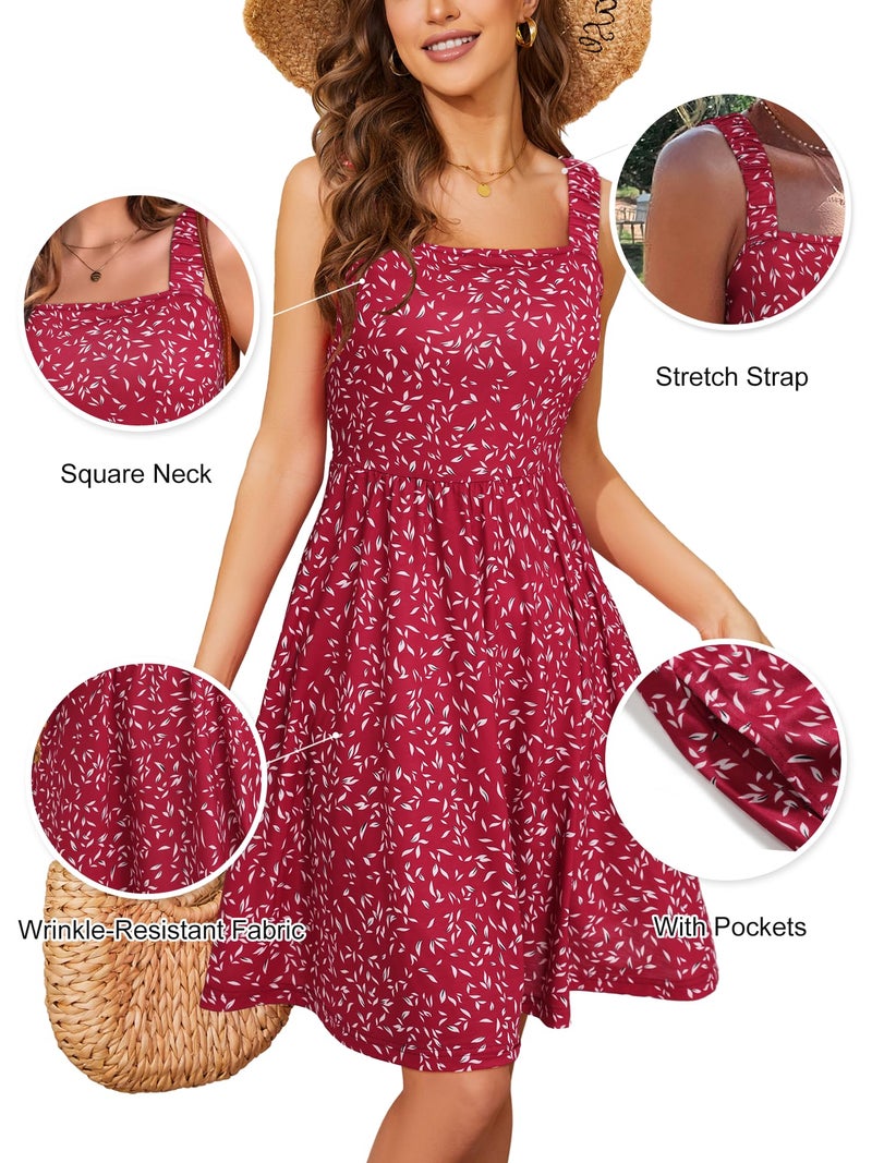 HUHOT Beach Dresses for Women Red Dress for Beach Vacation Spring Cute Red Floral Short Square Neck Party Wedding Guest Petite Dress - Image 3