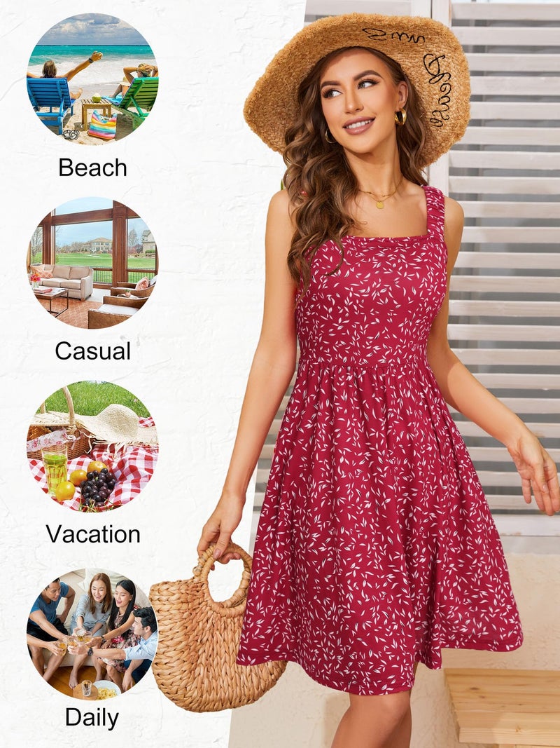 HUHOT Beach Dresses for Women Red Dress for Beach Vacation Spring Cute Red Floral Short Square Neck Party Wedding Guest Petite Dress - Image 4