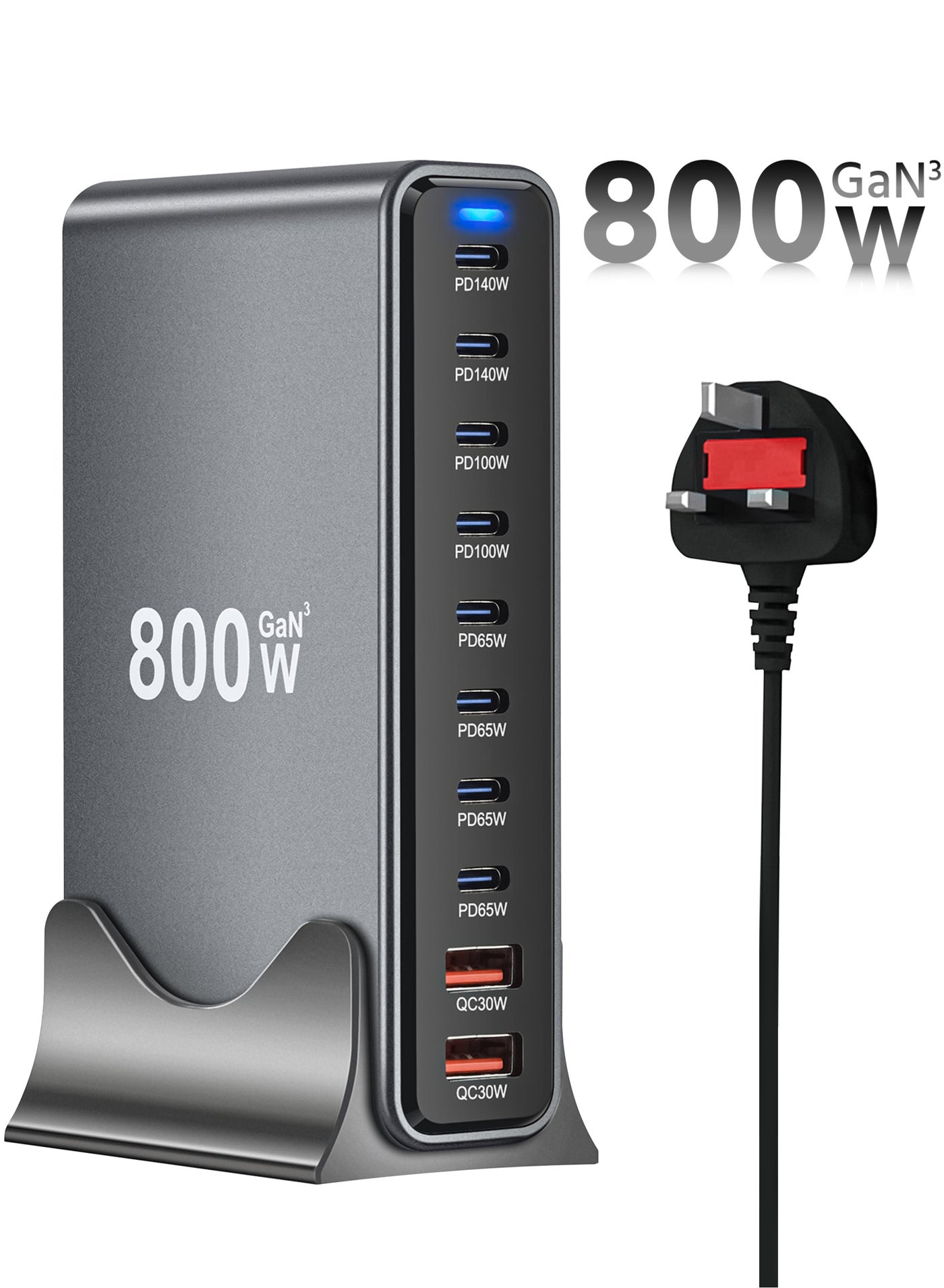 800W USB A&USB C Charger 10 Ports, Multi-ports Desktop Charging Station Power Adapter Laptop Charger, 140W Fast Charge Black
