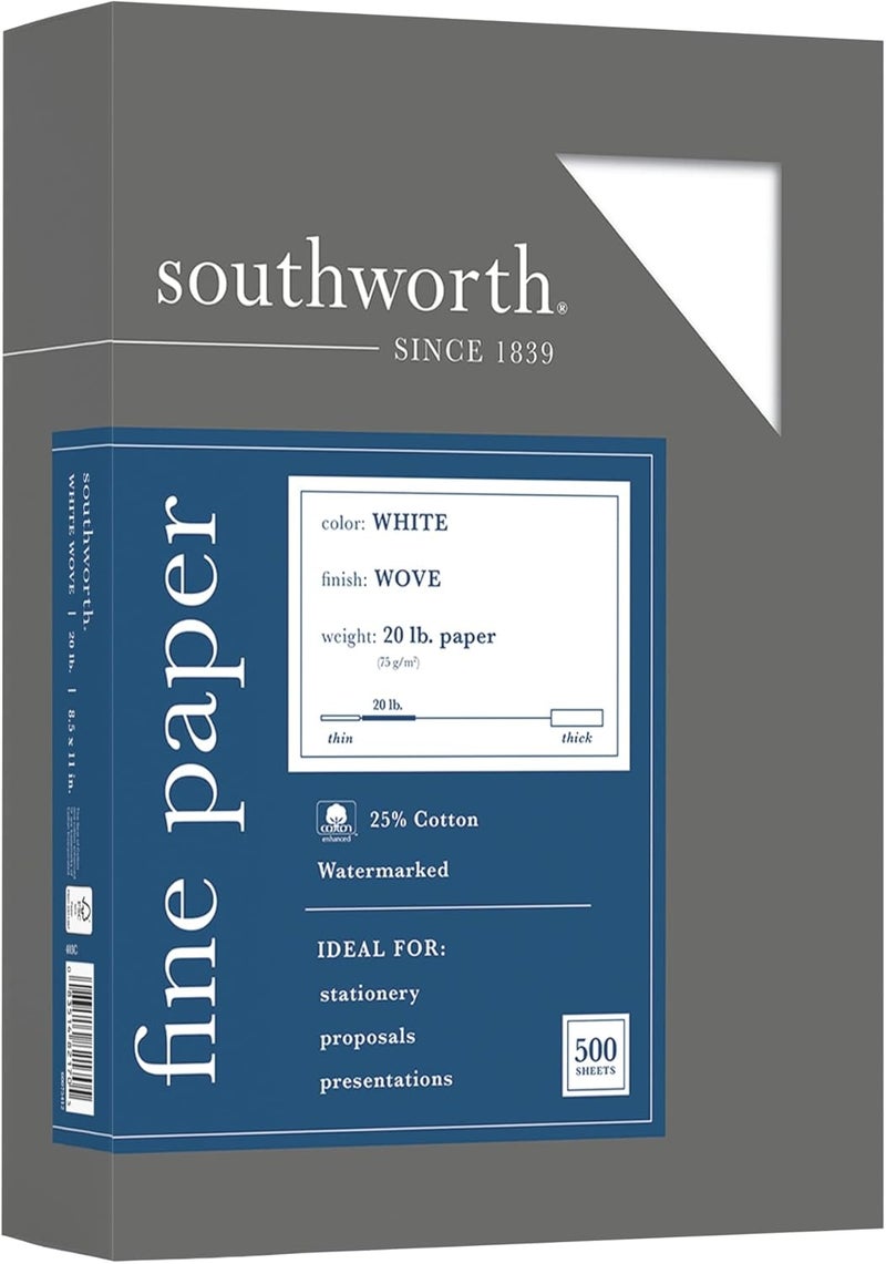 Southworth ورق الأعمال القطني SouthworthR 25 8 12 بوصة × 11 بوصة 20 رطل أبيض علبة من 500 403C - Image 1