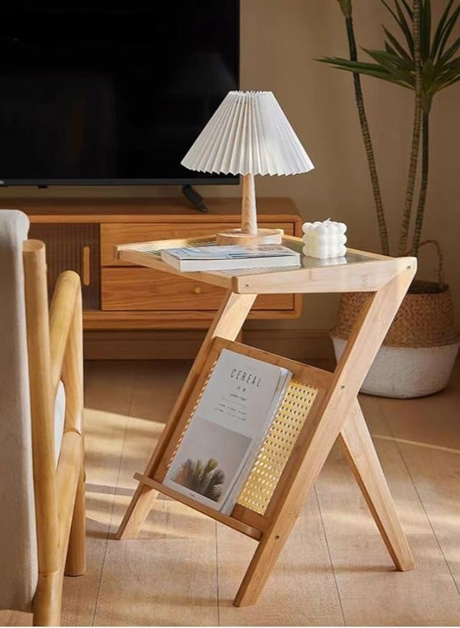 𝐅𝐅𝐃 Narrow End Table with Rattan Shelf & Corrugated Glass Top – L-Shaped Nightstand for Bedroom, Sofa Side Table, Rustic Boho Accent Table, Small Bamboo Bedside Table for Living Room - Image 3