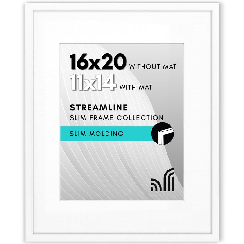 Americanflat 16x20 Picture Frame with Polished Plexiglass - Use as 11x14 Frame with Mat or Display 16x20 Photo Without Mat - Streamline Collection - Thin Border Picture Frames for Wall - White - Image 1