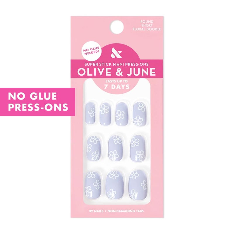 Olive & June Classic Super Stick Mani Press On Nails | No Glue Needed | 32 Tab Nails 16 Sizes | Non-Toxic Tabs Non-Damaging 7-Day Wear | Spring Flowers & Patterns | Short, Round | Floral Doodle - Image 2