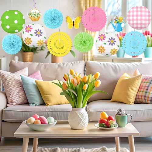 Renbuzhu 13PCS Spring Decor Paper Lanterns Fans Pom Poms Hanging Swirls Spring Party Hanging Decorations for Home Office Classroom Birthday Outdoor Indoor - Image 2