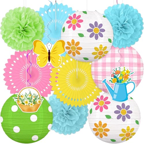 Renbuzhu 13PCS Spring Decor Paper Lanterns Fans Pom Poms Hanging Swirls Spring Party Hanging Decorations for Home Office Classroom Birthday Outdoor Indoor - Image 1