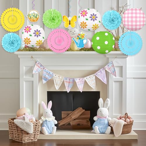 Renbuzhu 13PCS Spring Decor Paper Lanterns Fans Pom Poms Hanging Swirls Spring Party Hanging Decorations for Home Office Classroom Birthday Outdoor Indoor - Image 5