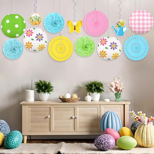 Renbuzhu 13PCS Spring Decor Paper Lanterns Fans Pom Poms Hanging Swirls Spring Party Hanging Decorations for Home Office Classroom Birthday Outdoor Indoor - Image 4