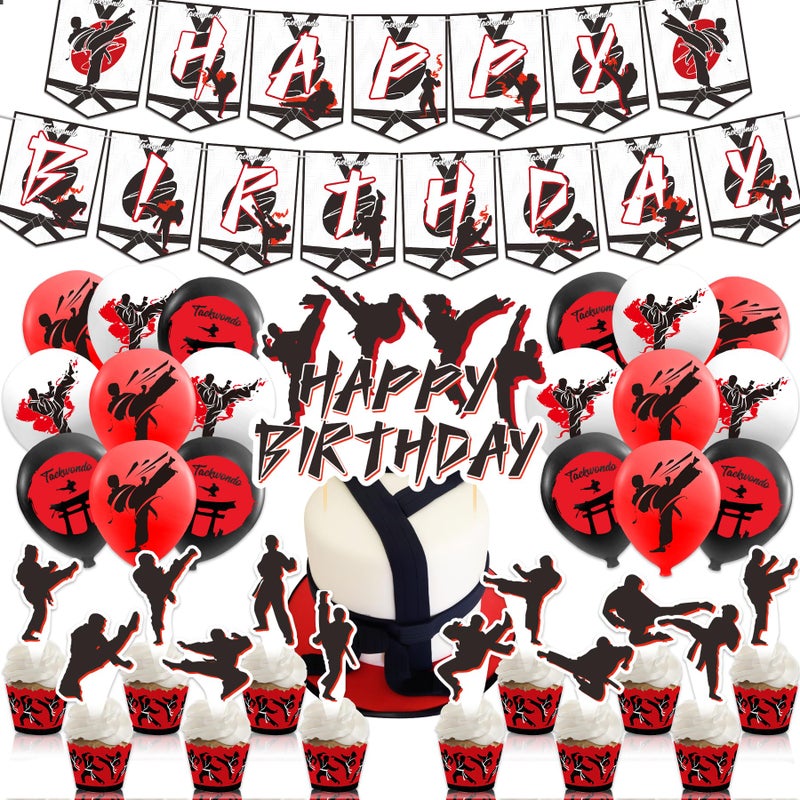 LHDUOFA Taekwondo Birthday Party Decorations Karate Party Supplies Includes Karate Taekwondo Birthday Banner Cake Topper Cupcake Toppers Balloons for Men Women Girls Boys Party - Image 2