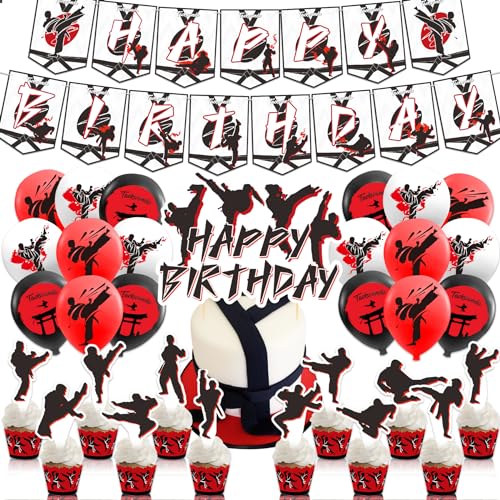 LHDUOFA Taekwondo Birthday Party Decorations Karate Party Supplies Includes Karate Taekwondo Birthday Banner Cake Topper Cupcake Toppers Balloons for Men Women Girls Boys Party - Image 1