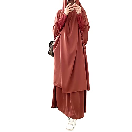 FPOVFPO Womens Muslim Abaya Solid 2 Piece Prayer Dress Islamic Maxi Kaftan with Hijab Dubai Full Length Dress - Image 1