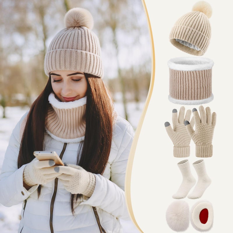 Silicherry 20 Pcs Winter Hats Gloves Scarf Earmuffs Socks Set for Women Men Knit Pom Pom Beanie Touchscreen Warm Gloves Gifts(Pink,Single Pom) - Image 3