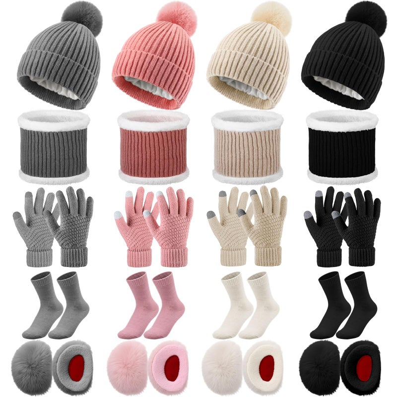 Silicherry 20 Pcs Winter Hats Gloves Scarf Earmuffs Socks Set for Women Men Knit Pom Pom Beanie Touchscreen Warm Gloves Gifts(Pink,Single Pom) - Image 1