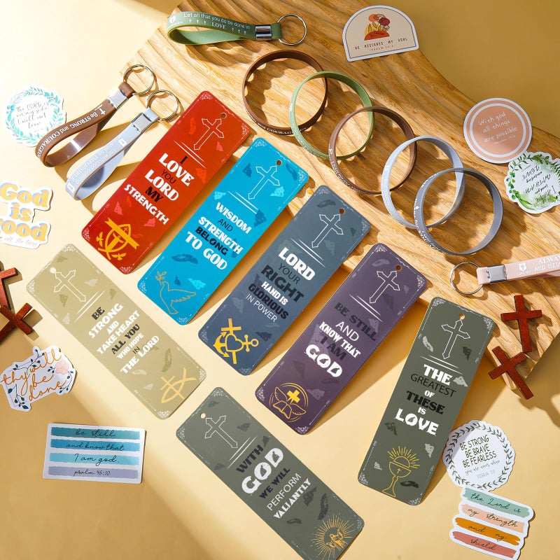 Cholemy 160 Pcs Christian Party Favors Include 100 Stickers, 20 Silicone Wristbands, 20 Bible Verse Bookmarks, 20 Keychain Bulk for Christian Prizes Religious Gift(Inspirational Style) - Image 5