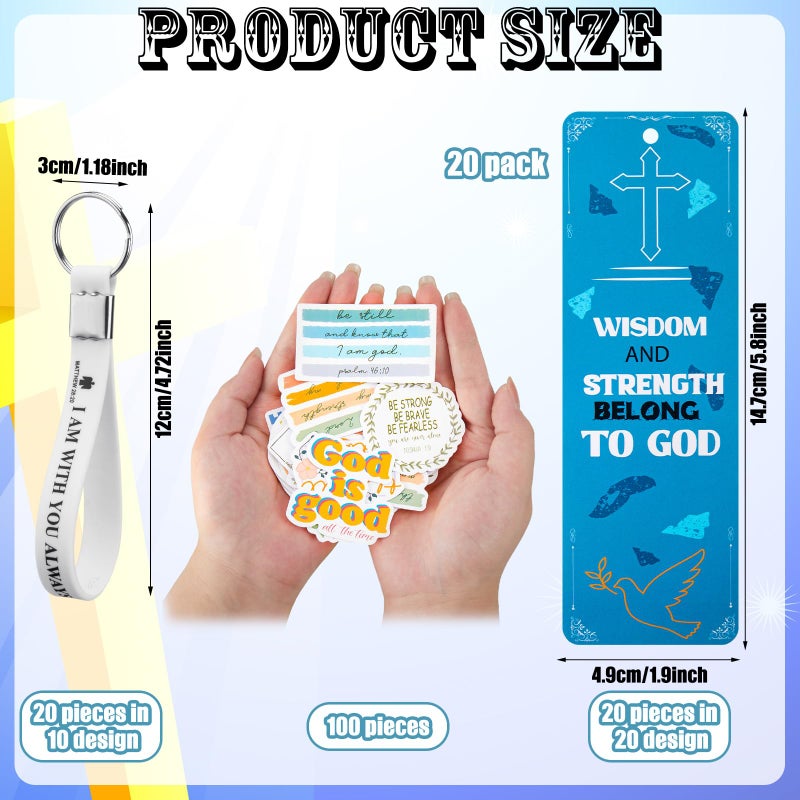 Cholemy 160 Pcs Christian Party Favors Include 100 Stickers, 20 Silicone Wristbands, 20 Bible Verse Bookmarks, 20 Keychain Bulk for Christian Prizes Religious Gift(Inspirational Style) - Image 3