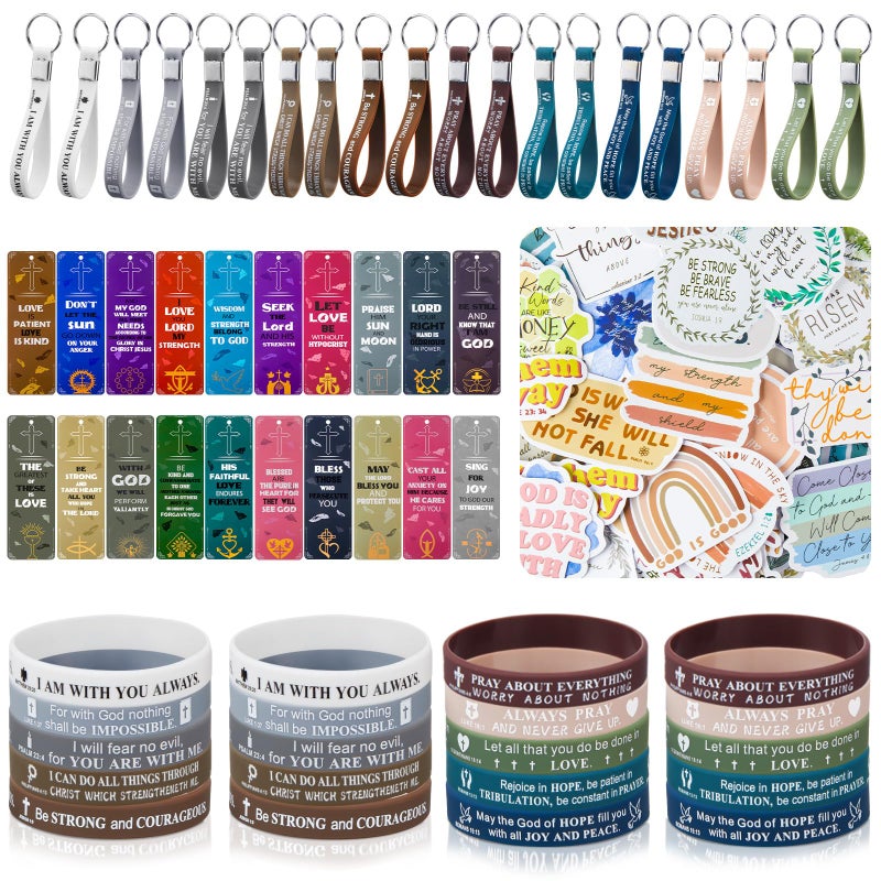 Cholemy 160 Pcs Christian Party Favors Include 100 Stickers, 20 Silicone Wristbands, 20 Bible Verse Bookmarks, 20 Keychain Bulk for Christian Prizes Religious Gift(Inspirational Style) - Image 1