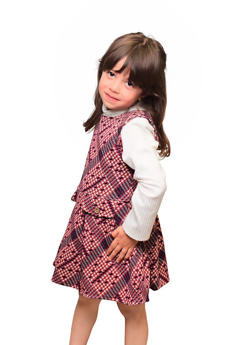 بونچو فستان بلا أكمام للبنات مصنوع من مزيج القطن والليكرا بملمس جاكارد. - Image 2