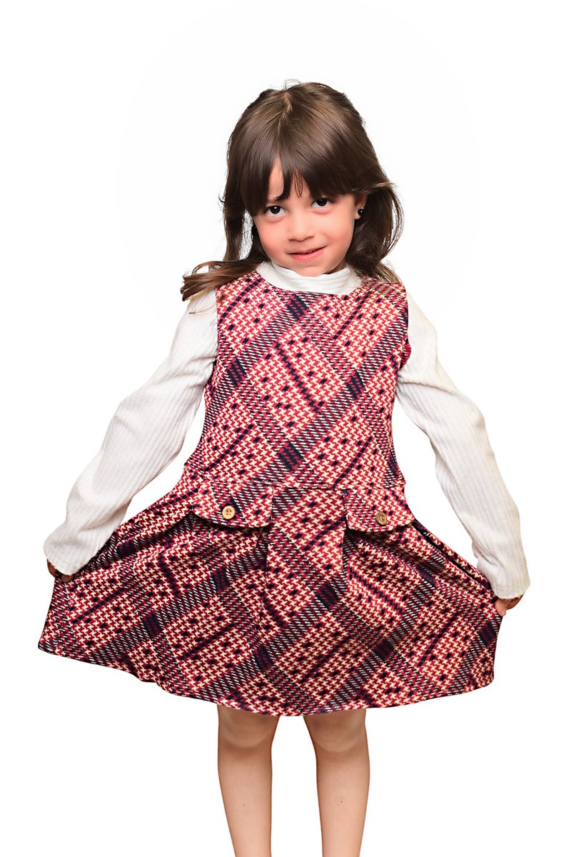 بونچو فستان بلا أكمام للبنات مصنوع من مزيج القطن والليكرا بملمس جاكارد. - Image 1