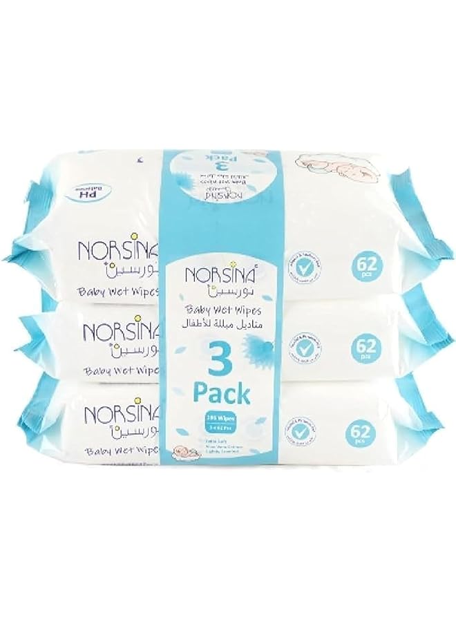 Norsina Baby Wet 62 Wipes 3 Pack Turquoise