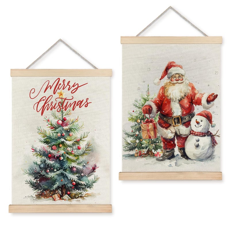 Luvadian Merry Christmas Wall Wall With Wood Poster Hanger مجموعة من 2 عيد الميلاد جدار ديكور عيد الميلاد شجرة سانتا كلوز الثلج ملصقات العمل الفنية لجدار عيد الميلاد ديكورات شنقا 12x16 بوصة - Image 1