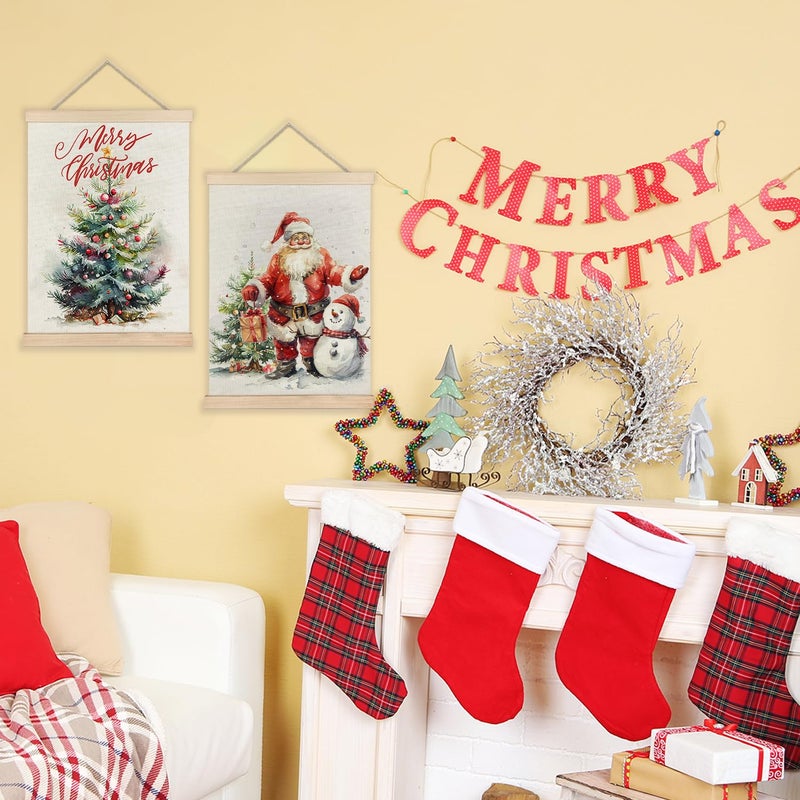Luvadian Merry Christmas Wall Wall With Wood Poster Hanger مجموعة من 2 عيد الميلاد جدار ديكور عيد الميلاد شجرة سانتا كلوز الثلج ملصقات العمل الفنية لجدار عيد الميلاد ديكورات شنقا 12x16 بوصة - Image 2