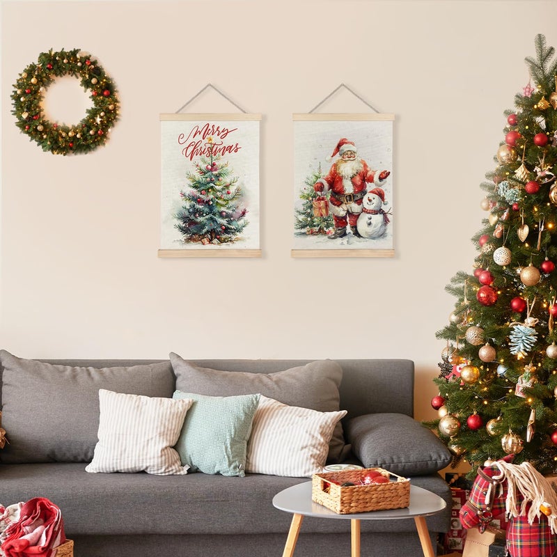 Luvadian Merry Christmas Wall Wall With Wood Poster Hanger مجموعة من 2 عيد الميلاد جدار ديكور عيد الميلاد شجرة سانتا كلوز الثلج ملصقات العمل الفنية لجدار عيد الميلاد ديكورات شنقا 12x16 بوصة - Image 3