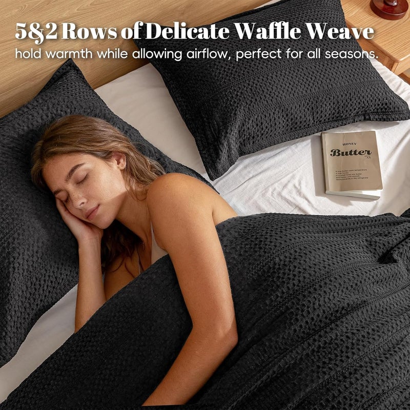 PHF 2 Piece Twin Waffle Weave Comforter Set, Soft Breathable Lightweight Textured Bedding, Set includes 1x Comforter (173 cm x 229 cm) + 1x Pillow Sham (51 cm x 66 cm), Black - Image 4