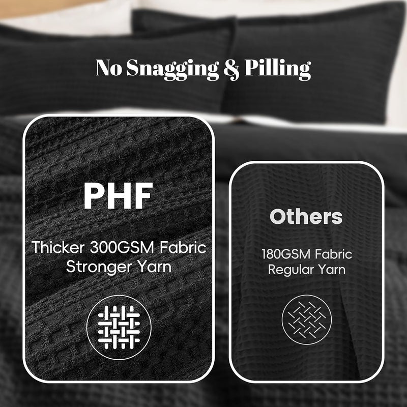 PHF 2 Piece Twin Waffle Weave Comforter Set, Soft Breathable Lightweight Textured Bedding, Set includes 1x Comforter (173 cm x 229 cm) + 1x Pillow Sham (51 cm x 66 cm), Black - Image 2