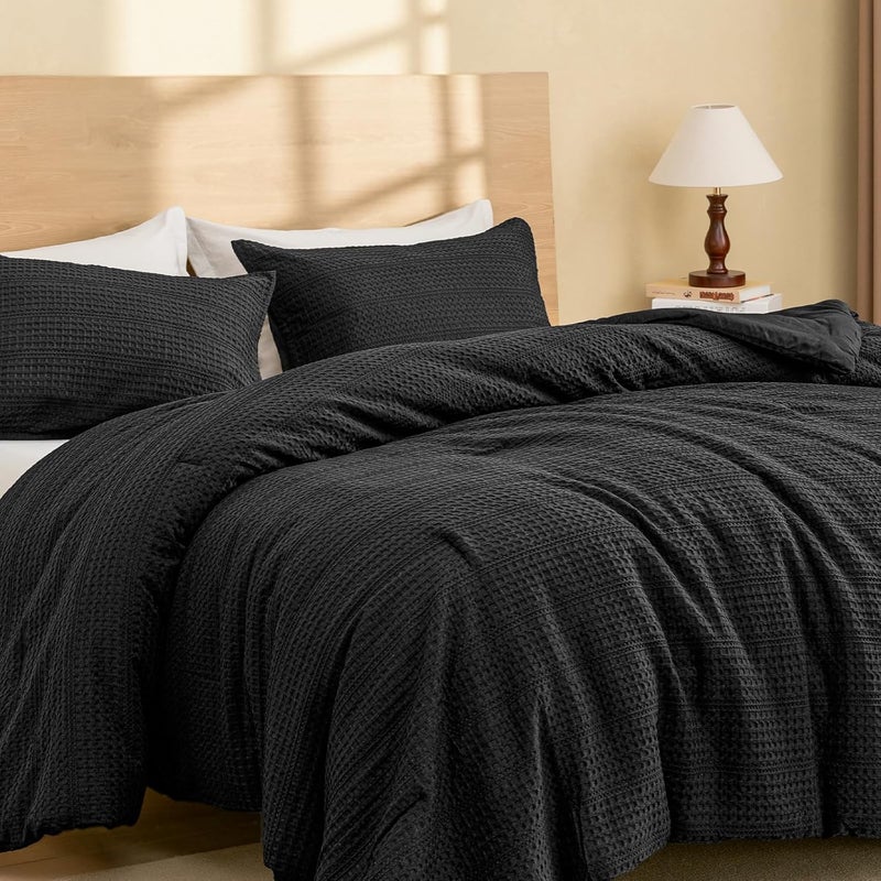 PHF 2 Piece Twin Waffle Weave Comforter Set, Soft Breathable Lightweight Textured Bedding, Set includes 1x Comforter (173 cm x 229 cm) + 1x Pillow Sham (51 cm x 66 cm), Black - Image 1