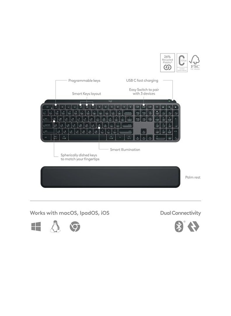 Logitech MX Keys S Combo - Performance Wireless Keyboard and Mouse with Palm Rest, Customizable Illumination, Fast Scrolling, Bluetooth, USB C, for Windows, Linux, Chrome, Mac - Graphite, US ENG  Layout Graphite - Image 2