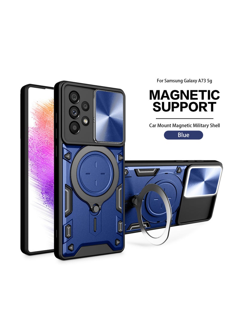 Samsung Galaxy A73 5G 2022 Blue Mobile Phone Case Cover, Slide Camera Lens Cover, 360°Rotating Kickstand Ring, Bumper Shockproof Phone Case，Compatible with Car Magnetic Mount