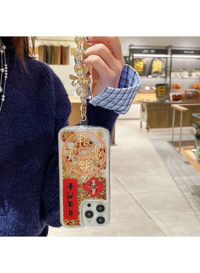 NIBEMINENT New Year Wealth Attraction Flow Protective TPU Case Cover For iPhone 15, Gold Foil Flowing Sand - Bringing Wealth and Treasure With Golden Bow Tie Bracelet - Image 2