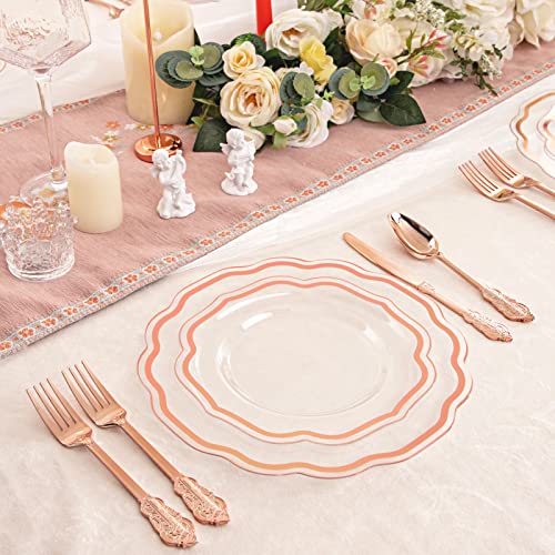 NOCCUR 150PCS Rose Gold Plastic Plates&Rose Gold Silverware-Include 30Dinner Plates, 30Salad plates, 90 Disposable Rose Gold Utensils- Ideal for Weddings, Party,Shower - Image 5
