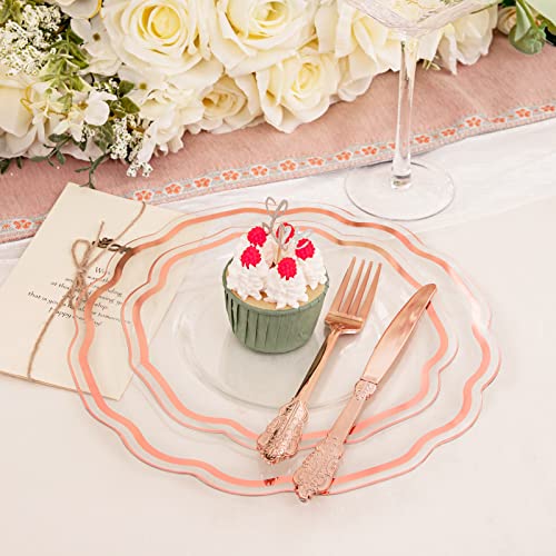 NOCCUR 150PCS Rose Gold Plastic Plates&Rose Gold Silverware-Include 30Dinner Plates, 30Salad plates, 90 Disposable Rose Gold Utensils- Ideal for Weddings, Party,Shower - Image 2