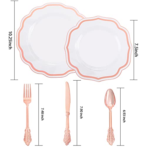 NOCCUR 150PCS Rose Gold Plastic Plates&Rose Gold Silverware-Include 30Dinner Plates, 30Salad plates, 90 Disposable Rose Gold Utensils- Ideal for Weddings, Party,Shower - Image 3