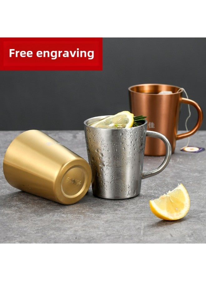 Korean-style 304 Stainless Steel Double-layer Water Cup With Handlebar Beer Cup Insulated Household Coffee Mug Restaurant Mouth Cup-Color:304 Diamond Pattern -Capacity:300ml  - Image 2
