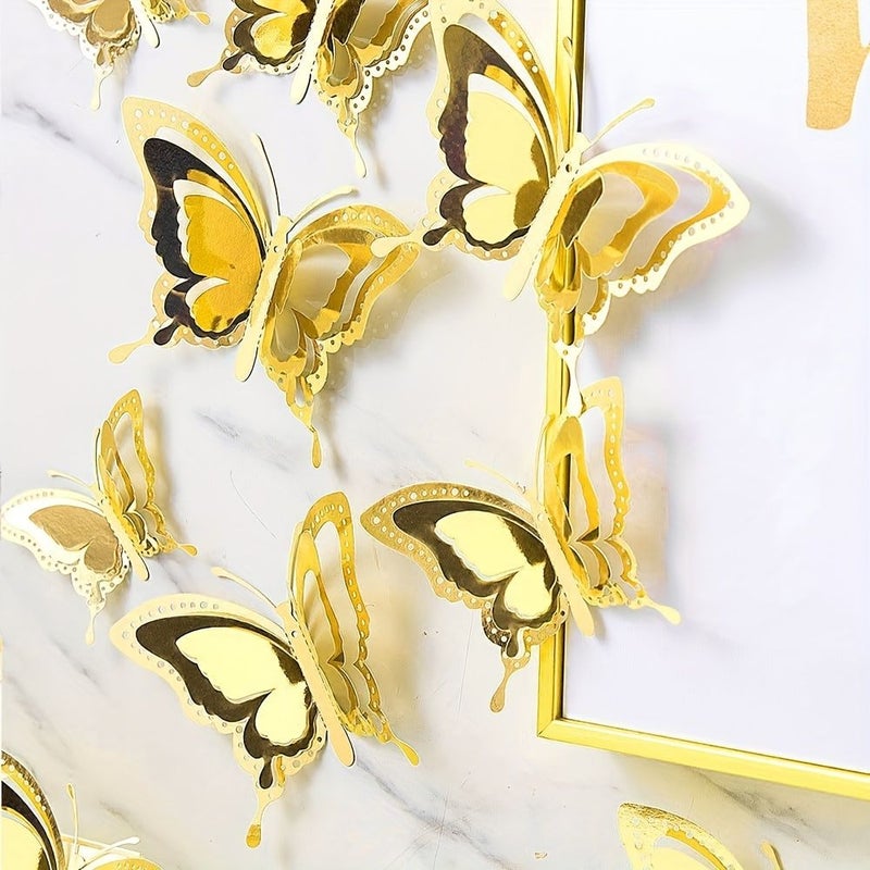 12 Pcs Three Layer Phoenix Tail 3D Butterfly Self Adhesive Decoration Home Background Wall Bathroom Holiday Party Wall Decoration Silvery - Image 1
