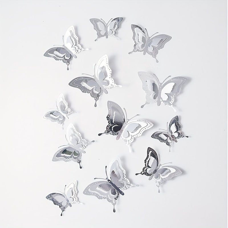 12 Pcs Three Layer Phoenix Tail 3D Butterfly Self Adhesive Decoration Home Background Wall Bathroom Holiday Party Wall Decoration Silvery - Image 2