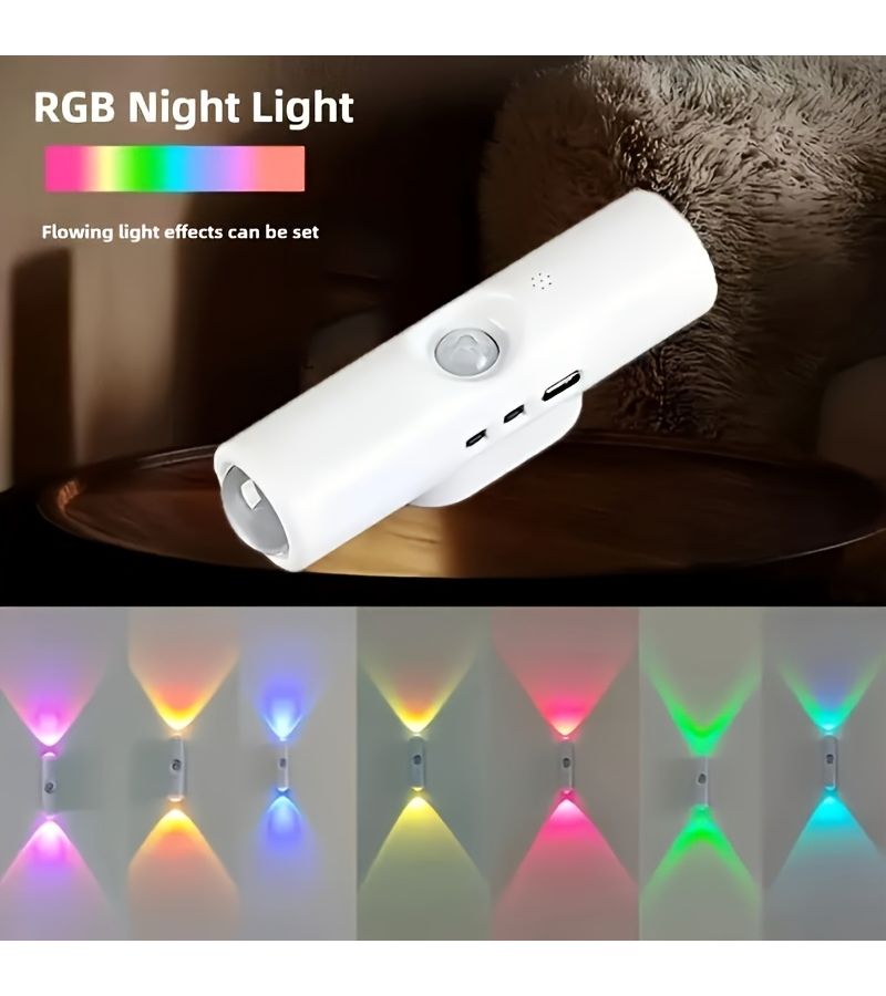 مصباح حائط مزود بمستشعر حركة مزدوج الرأس مع تدرج RGB، قابل لإعادة الشحن، قابل للتعتيم، مصباح ليلي بـ 7 ألوان و3 أوضاع، الإصدار الأبيض - Image 4