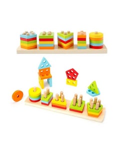 Generic Funny Montessori toys for children aged 1, 2 and 3 years, wooden sorting and stacking toys for children aged 1-3, preschool educational puzzle, 5 shapes toy, best gift.  - Image 1