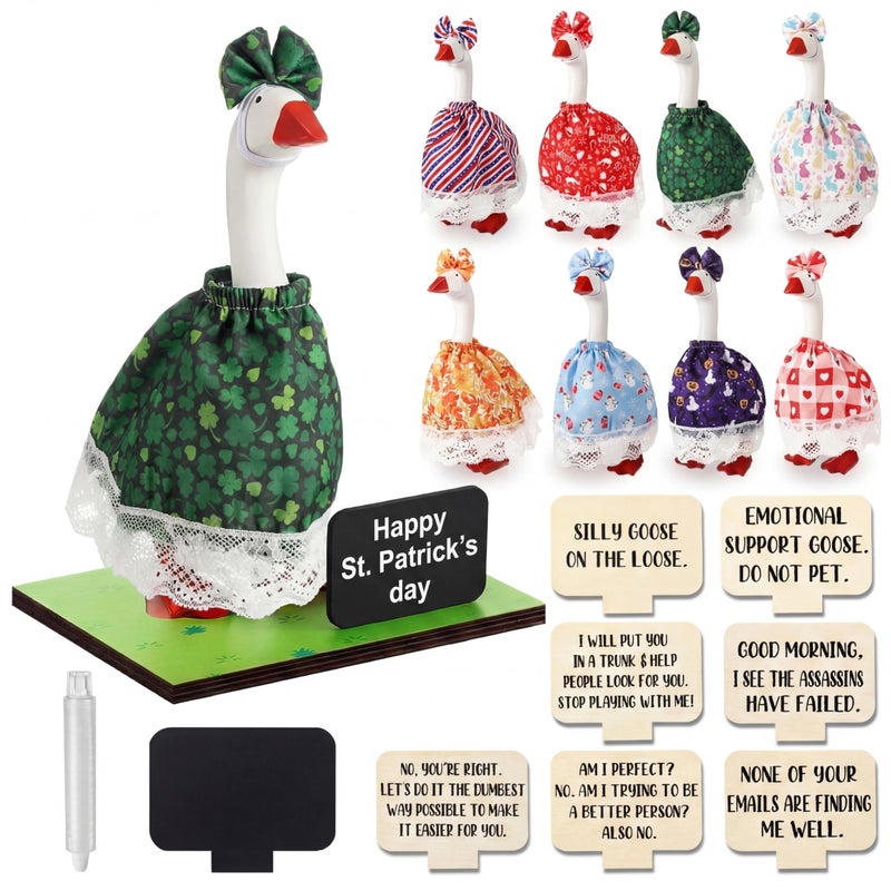AceOrbit 19 Pcs St. Patricks Day Magnetic Goose Key Holder Lucky Shamrock Resin Desk Goose Statue with Holiday Outfit Writable Interchangeable Sign Chalk for Housewarming Gift Desk Home Decor(Classic) - Image 1