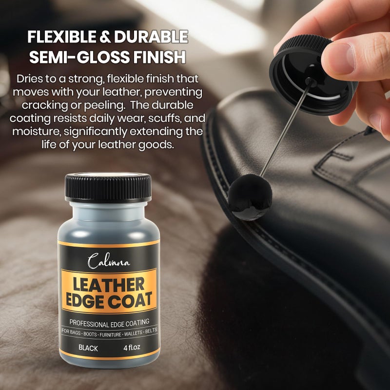 Calvana Black Leather Edge Coat with Built-in Applicator - Flexible, Water-Resistant Edge Sealer & Finish for Purses, Belts, Shoes, Bags, Furniture & More (4oz) - Image 5